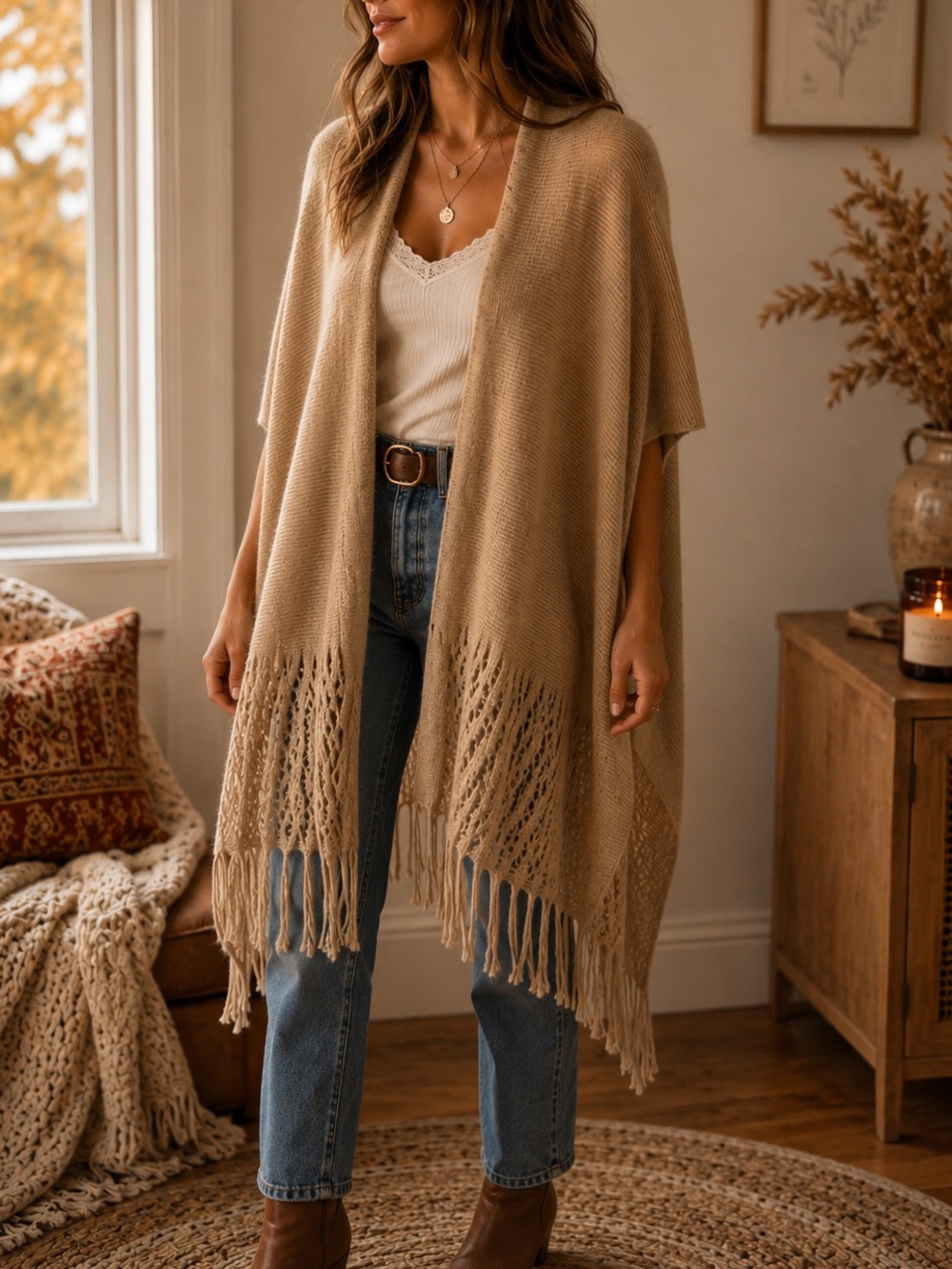 Boho Beige Fringe Ruana Shawl Open Front Wrap One Size